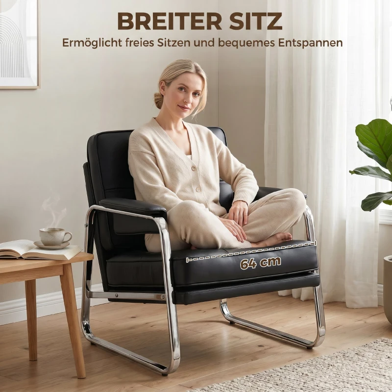 HOMCOM Sessel Loungesessel mit breiter Sitz, Armlehnen, Stahlbeinen, aus Kunstleder für Wohnzimmer, Schlafzimmer, Schwarz