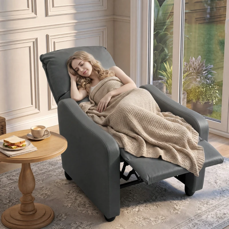 HOMCOM Fauteuil Relax Inclinable Manuel 155° avec Repose-pieds, en Cuir PU, pour Salon et Chambre, Gris foncé