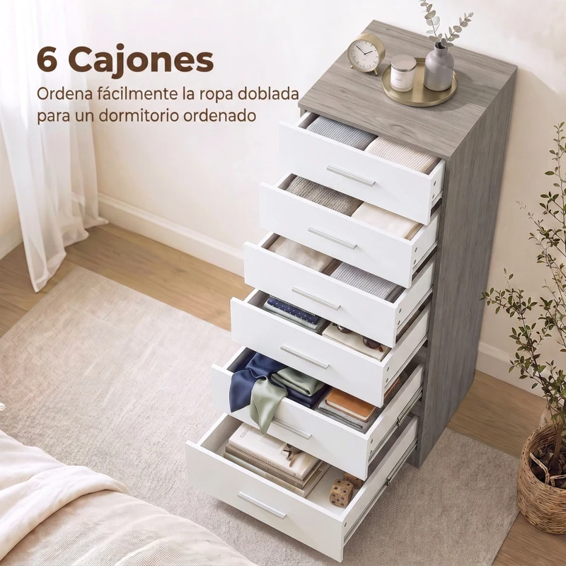 HOMCOM Cómoda de 6 Cajones Cajonera Alta para Dormitorio con Antivuelco 40x40x110 cm Gris Claro y Blanco