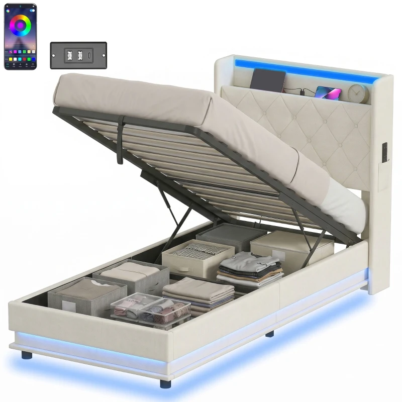 HOMCOM 3ft Single Bed Frame with Headboard, Platform Bed Frame with Hydraulic Storage, LED Lights and Charging Station, White
