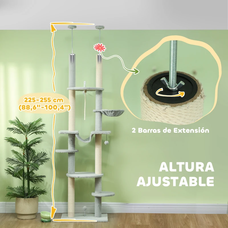 PawHut Árbol para Gatos de Suelo a Techo 225-255 cm con Hamacas Plataformas Juguete de Cuerda Bola de Juguete Gris