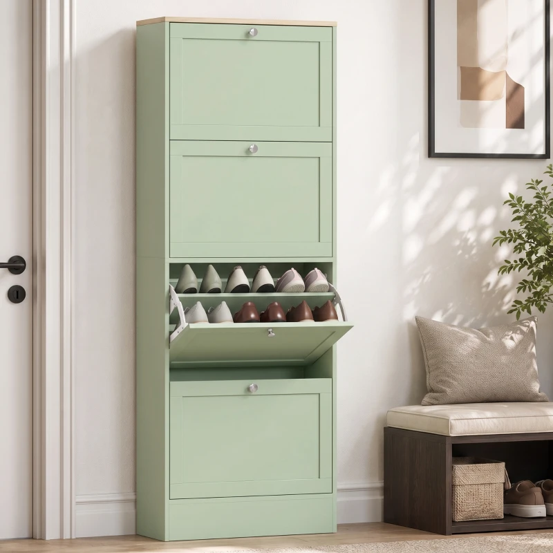 HOMCOM Dulap pentru încălțăminte 24 perechi, dulap cu 4 sertare rabatabile, polițe reglabile, 60x23,5x153cm, verde