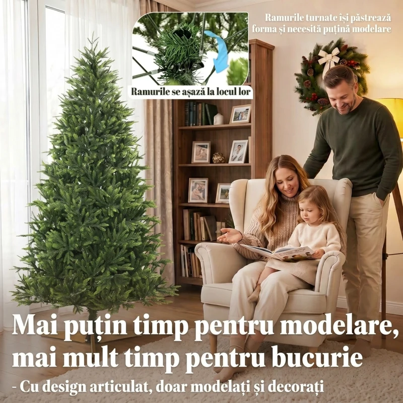 HOMCOM Brad artificial de Crăciun 180 cm, aspect realist și bogat, 732 ramuri din PE ignifug, bază pliabilă din lemn, verde