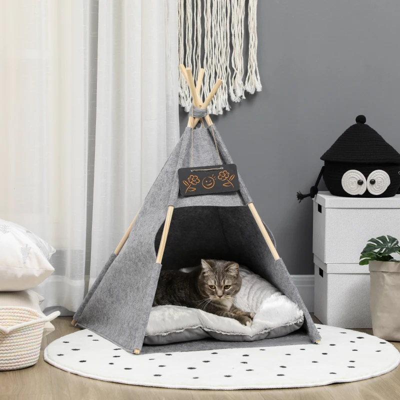 PawHut Haustierzelt Katzenhaus Hundezelt Katzenbett Katzenzelt mit weichem Kissen Plüsch Filz maschinenwaschbar Grau 58 x 58 x 80 cm