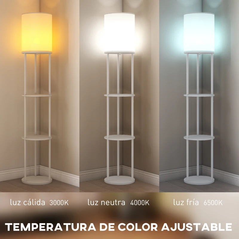 HOMCOM Lámpara de Pie con Estantes con 3 Temperaturas de Color Control Remoto para Salón Dormitorio Oficina Blanco
