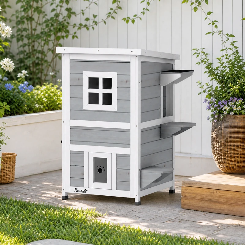 PawHut Maisonnette pour chats sur 2 étages en bois intérieur et extérieur toit rabattable 51 x 51 x 81,3 cm blanc et gris