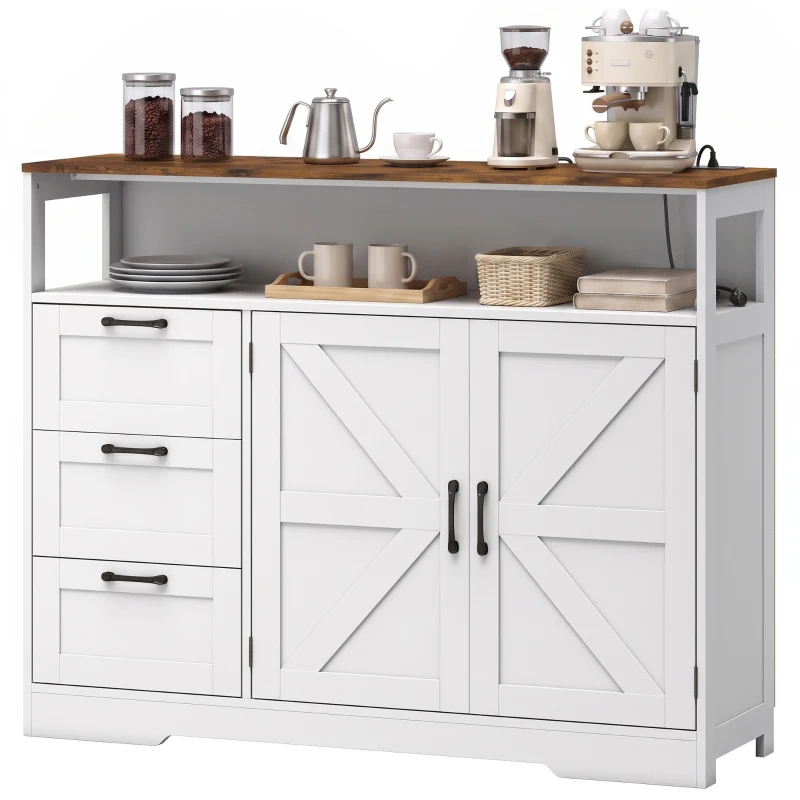 HOMCOM Sideboard Cabinet with Power Outlet, Farmhouse Kitchen Cabinet with 3 Drawers and Open Shelf, White