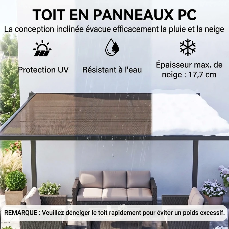 Outsunny Pergola jardin extérieur en aluminium 3 x 3 m avec toit en polycarbonate imperméable et système de drainage, gris