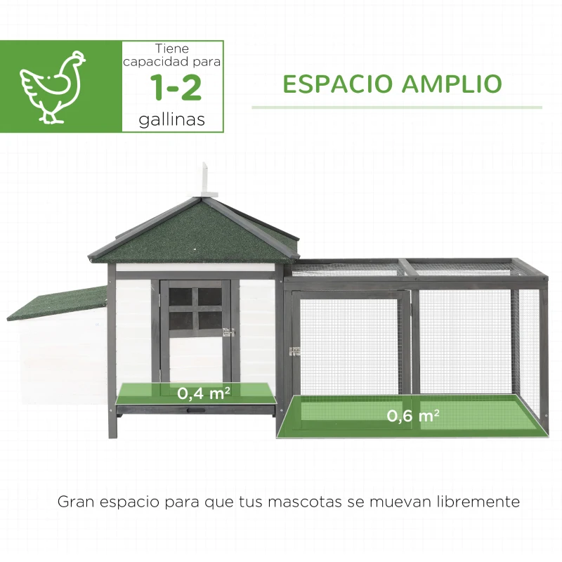 PawHut Gallinero de Madera Exterior, Jaula para Gallinas con Nidos, Corral, Bandeja Extraíble, Tapa Abatible, 196x76x97 cm, Gris