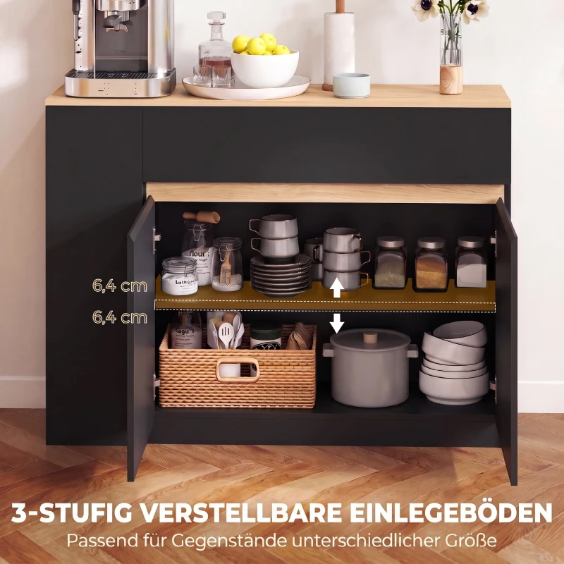 HOMCOM Dressoir, buffetkast met groot kastvak, 3-laags schap en lade, zwart, 110 x 29,5 x 82 cm