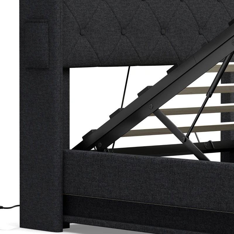 HOMCOM 3ft Single Bed Frame with Headboard, Platform Bed Frame with Hydraulic Storage, LED Lights and Charging Station, Black