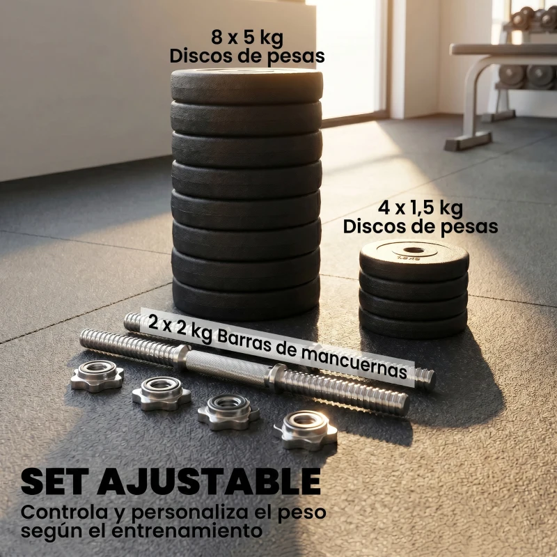 HOMCOM Juego de Mancuernas Ajustables con Barra de Conexión de Acero y Discos Desmontables 8x5 kg 4x1,5 kg Total 50 kg Negro