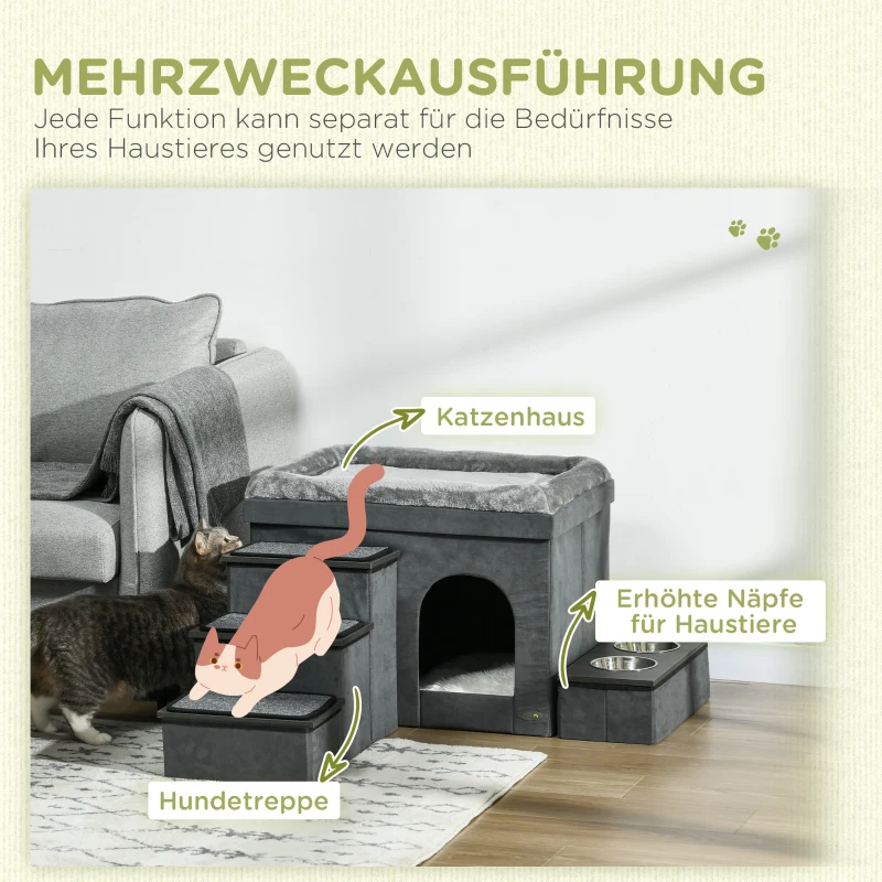 PawHut Katzenhaus Katzenhütte Katzenhöhle, 3 Haustiertreppen, 2 Fressnäpfe, 70 x 50 x 51, cm,  Grau(m-4)