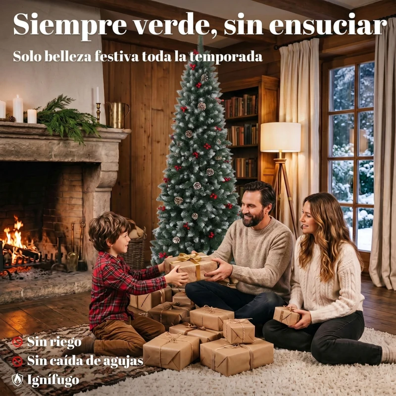 HOMCOM Árbol de Navidad Lápiz Nevado 210 cm con 818 Ramas Bayas Rojas Piñas Base Metálica Plegable Apertura Automática Verde