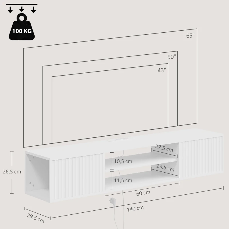HOMCOM Mobile TV Sospeso, Mobile Porta TV Fino a 65" con Ripiano Regolabile, Luci LED RGB, Prese di Corrente, Bianco