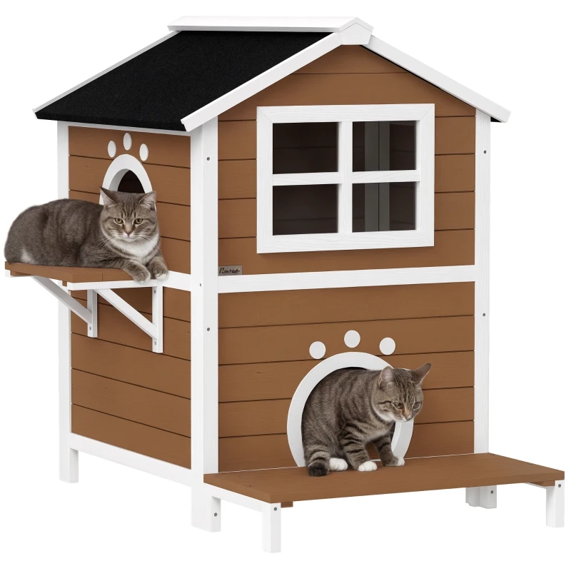 PawHut Buitenkattenhuis met Weerbestendig Dak, Venster, Balkon, 2 Niveaus, Verwijderbare Bodem, voor 1-2 Katten, Bruin
