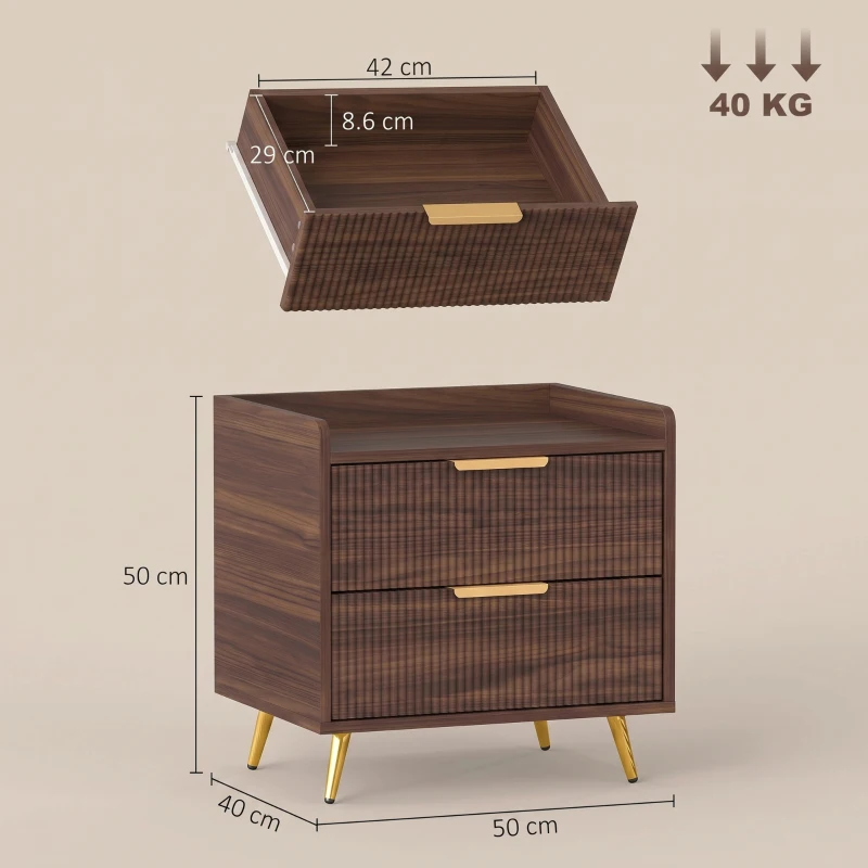 HOMCOM Elegant Two-Drawer Bedside Table - Walnut Brown