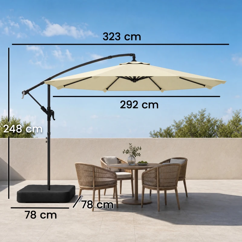 Outsunny 3 m Garden Cantilever Parasol with Cross Base, Sandbag, 360° Rotating Overhanging Banana Umbrella, Beige