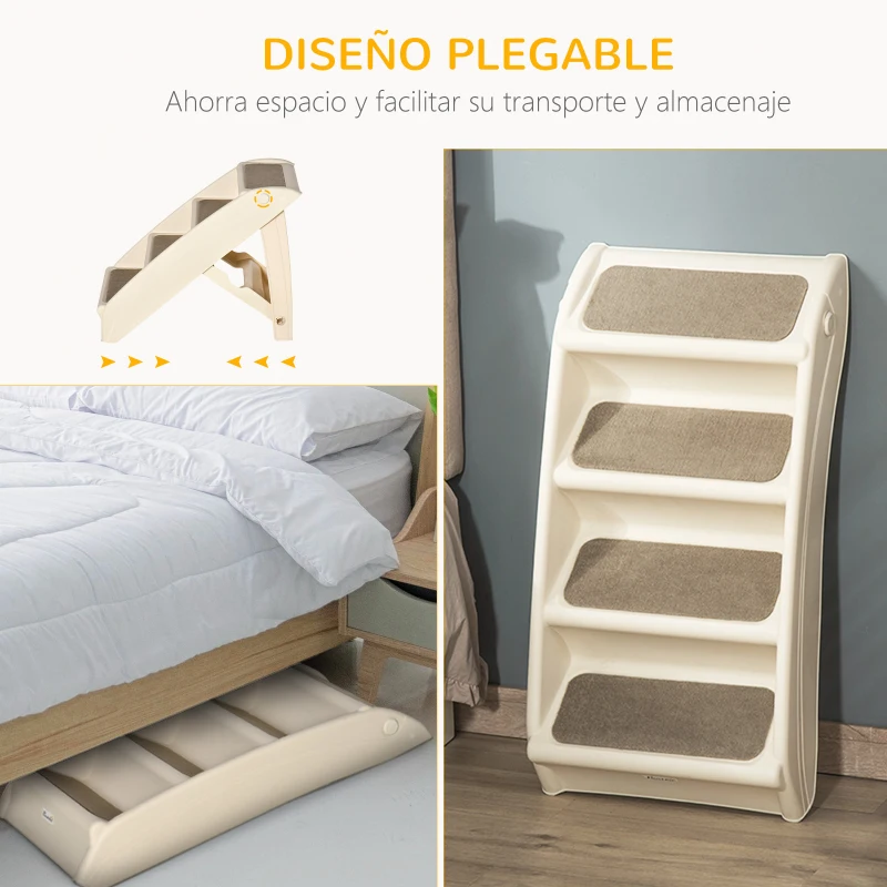 PawHut Escalón para Perros Gatos Portátil con Alfombras Antideslizantes para Cama Sofá Carga 20 kg 62x38x49,5 cm Beige