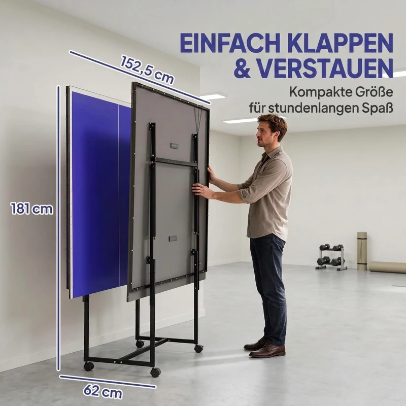 SPORTNOW Tafeltennistafel, inklapbaar, mobiel, 2 rackets, 3 ballen, metalen frame, 274x152,5x76 cm, blauw