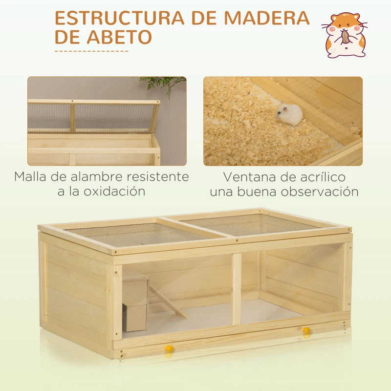 PawHut Jaula para Hámster de Madera con Techo Abatible Panel de Acrílico Bandeja Extraíble y Cabaña 100x58x38 cm Natural