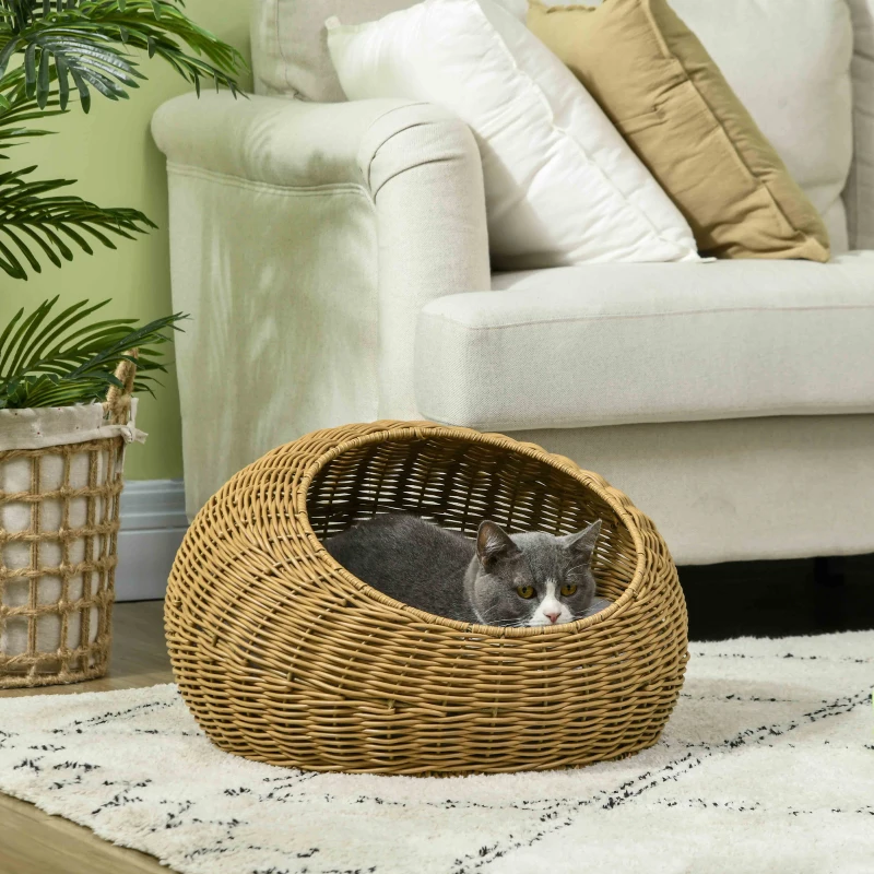 PawHut Katzenhöhle mit waschbarem Kissen, für Tiere bis 4 kg, Indoor, Kunst-Rattan, Ø50 x 31 cm, Hellbraun