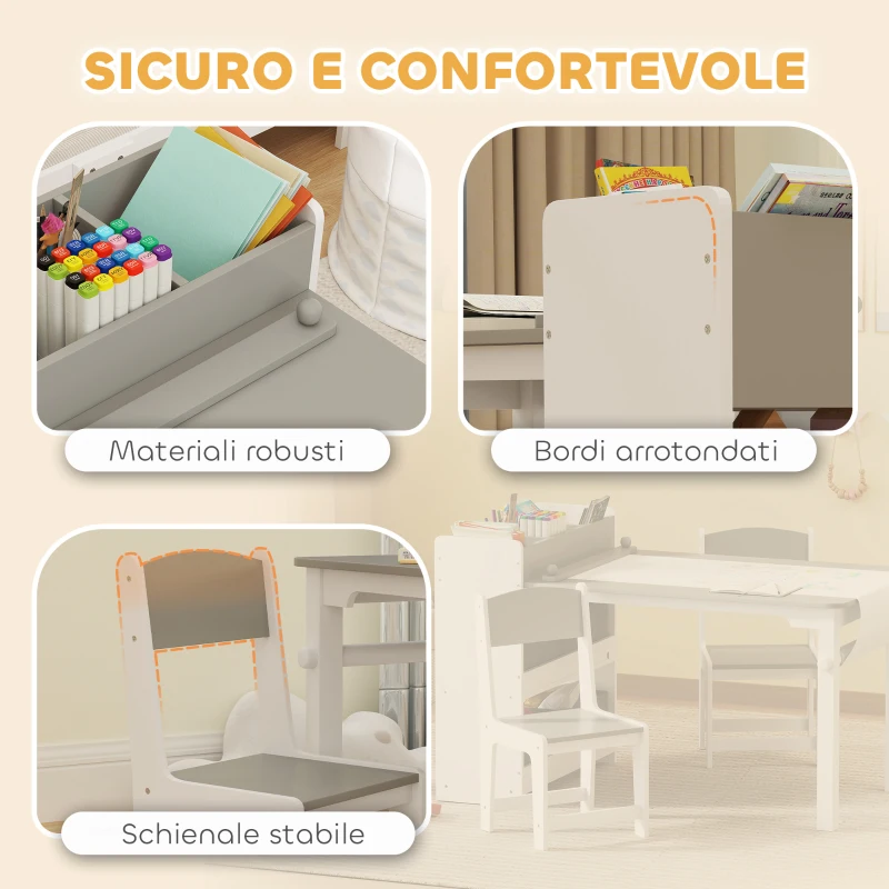 AIYAPLAY Set Tavolo e Sedie per Bambini con 2 Sedie e Tavolino Contenitore, in Legno e Tessuto non Tessuto, Grigio e Bianco