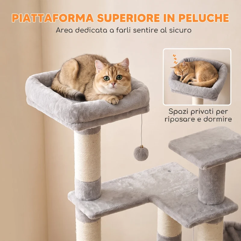 PawHut Albero Tiragraffi Multilivello 152 cm con 4 Pali per Gatti da Interno, Grigio Chiaro