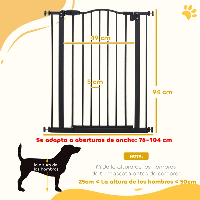 PawHut Barrera de Seguridad para Perros 74-80 cm con 2 Extensiones Montaje a Presión Doble Bloqueo para Puerta Escalera Negro