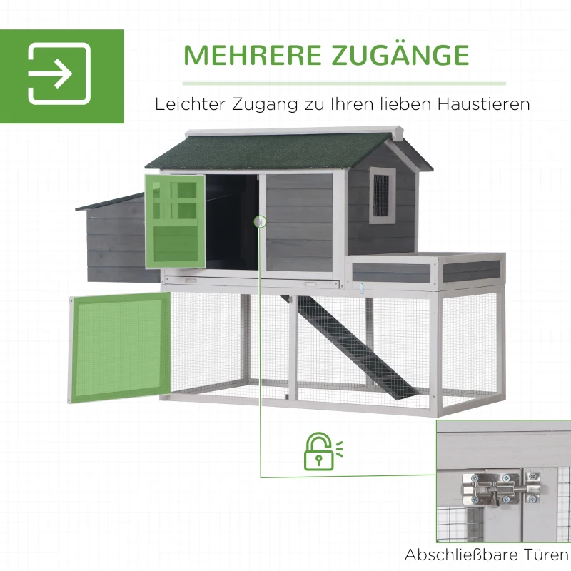 PawHut kippenhok kippenhuis met legnest plantenbak grijs hout metaaldraad asfalt