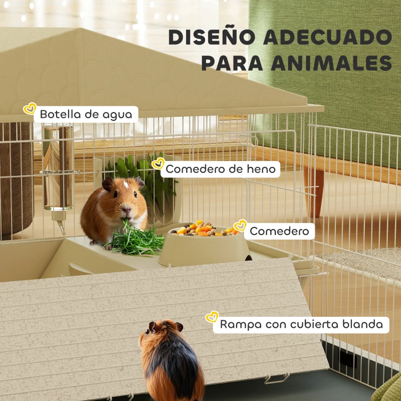 PawHut Jaula para Animales Pequeños con Corral Desmontable Cuenco Botella de Agua y Dispensador de Heno 108x71x57 cm Beige