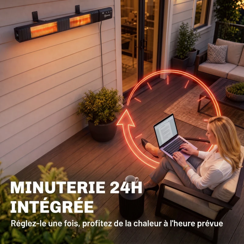 Outsunny Radiateur Infrarouge 3000W Mural IP65, Télécommande, Écran LED, Minuterie, 9 Niveaux, 102,4 x 10 x 5,5 cm, Noir