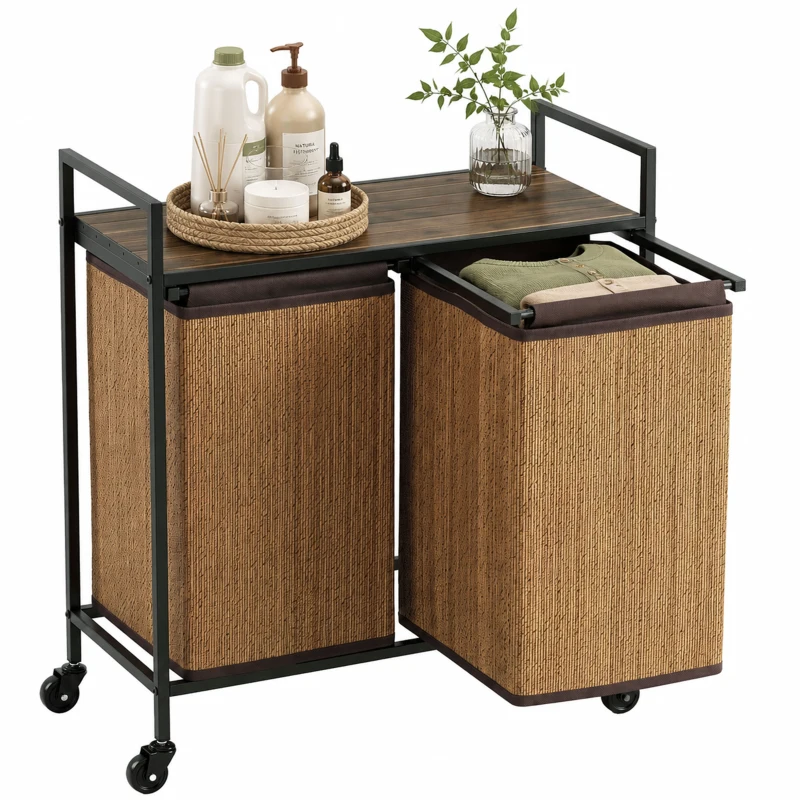 HOMCOM Wäschekorb Bambus 2 Fächer 120 L Wäschesammler mit Regal Ablage, Wäschebox Wäschesack, Rollbar 73x33x78 cm, Braun