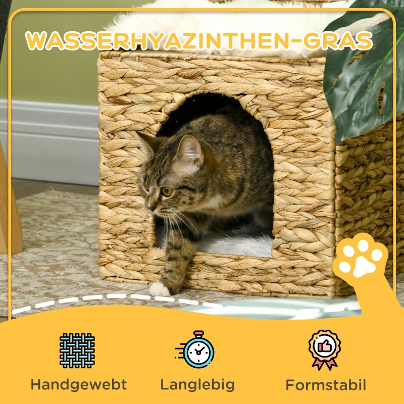 PawHut kattengrot met waterhyacintgras, 2 slaapruimtes, 2 wasbare kussens, naturel + wit