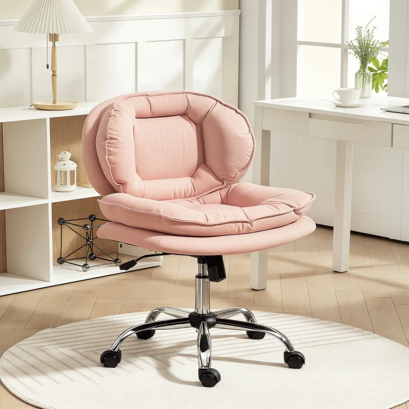 HOMCOM Silla de Oficina Piernas Cruzadas con Asiento Ancho Ruedas Altura Ajustable Doble Acolchado Función Basculante Rosa