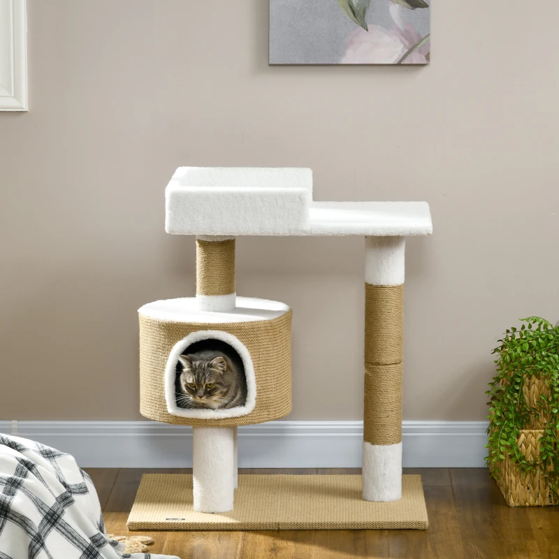 PawHut Krabpaal Kattenboom Kattenhol, 1 Kattenhol, 1 Ligvlak, 70 cm x 49 cm x 79 cm, Natuur + Wit