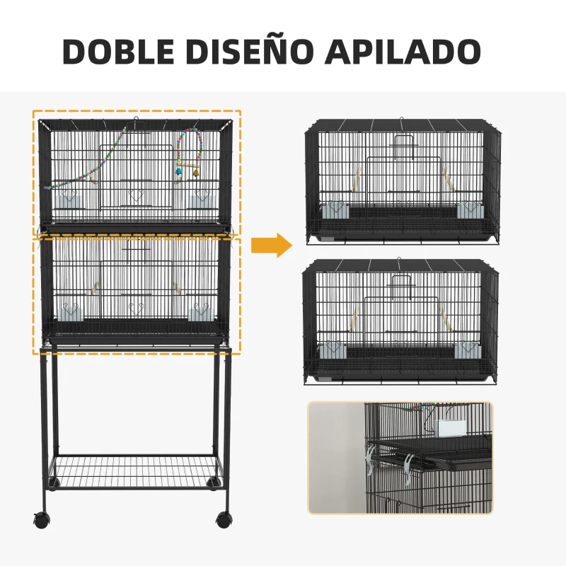 PawHut Pajarera Doble Apilable 77x46x164 cm con Ruedas Perchas Bandeja Extraíble Columpio y Escalera Negro