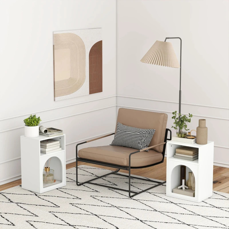 HOMCOM Lot de 2 tables de chevet, table de nuit avec compartiments ouverts, design arqué, 40 x 30 x 60 cm, blanc