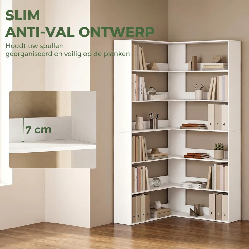 HOMCOM Boekenkast met 7 Lagen, L-vormig Hoekrek met Anti-slip Achterwand, Wit met Houtlook