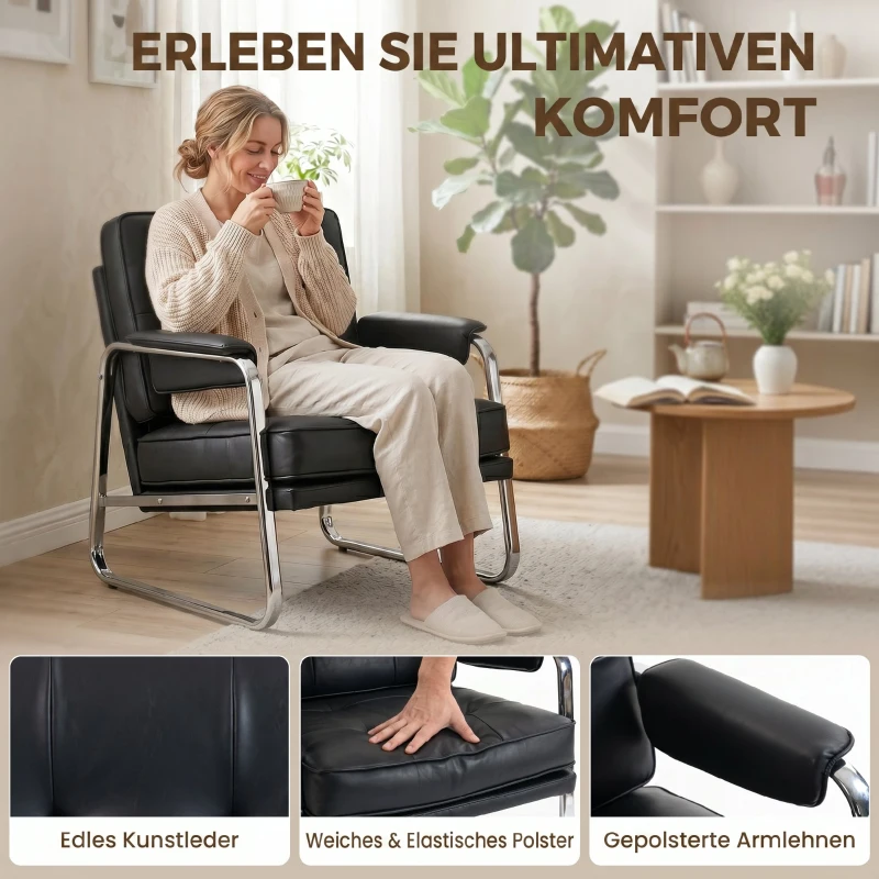HOMCOM Sessel Loungesessel mit breiter Sitz, Armlehnen, Stahlbeinen, aus Kunstleder für Wohnzimmer, Schlafzimmer, Schwarz