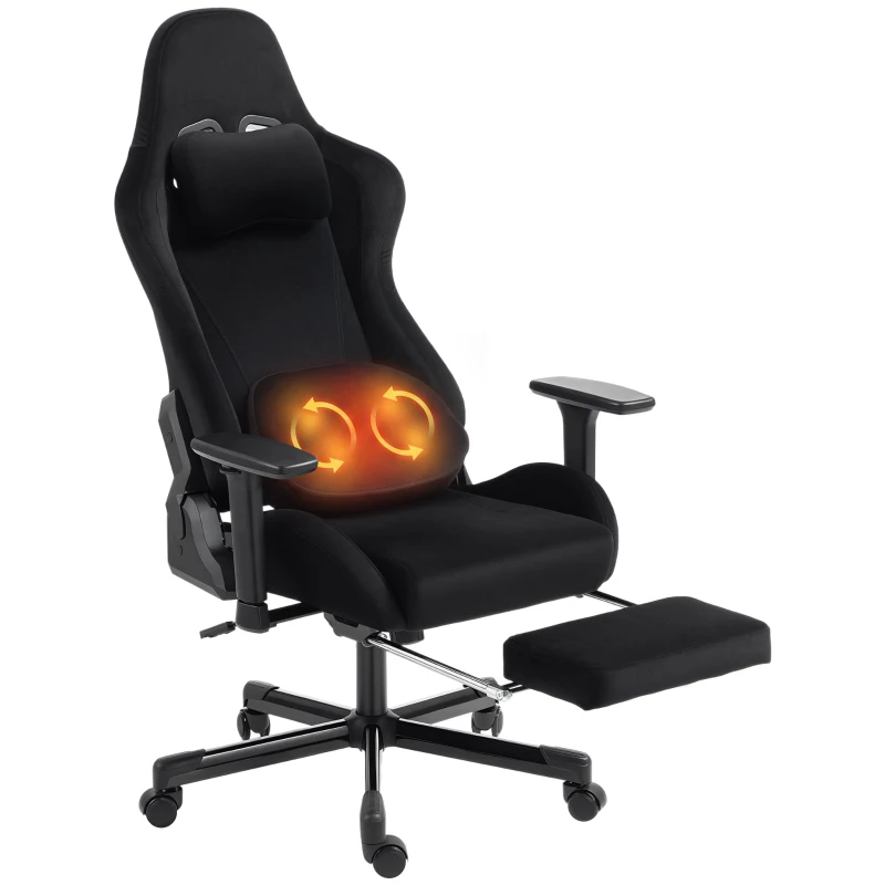 HOMCOM Chaise Gaming Ergonomique Massante et Coussin Lombaire Chauffant, Fauteuil Gaming Inclinable en Lin, Accoudoirs 3D, Noir