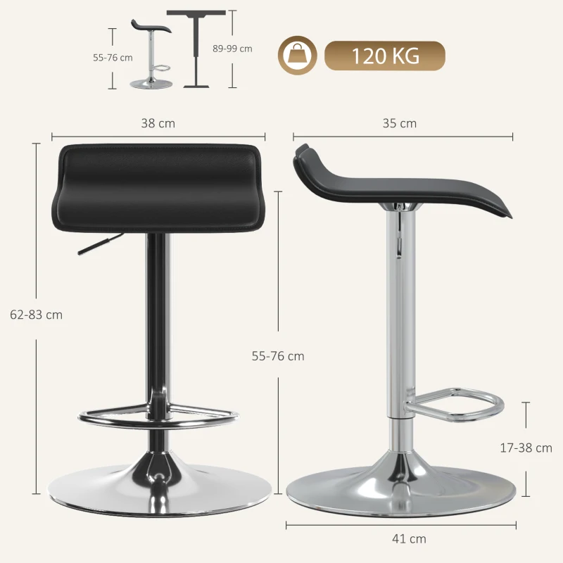 HOMCOM Taburet de bar rotativ 360° Scaun de bar cu cadru din oțel argintiu, Reglabil pe înălțime Scaun de bucătărie cu suport pentru picioare, Negru