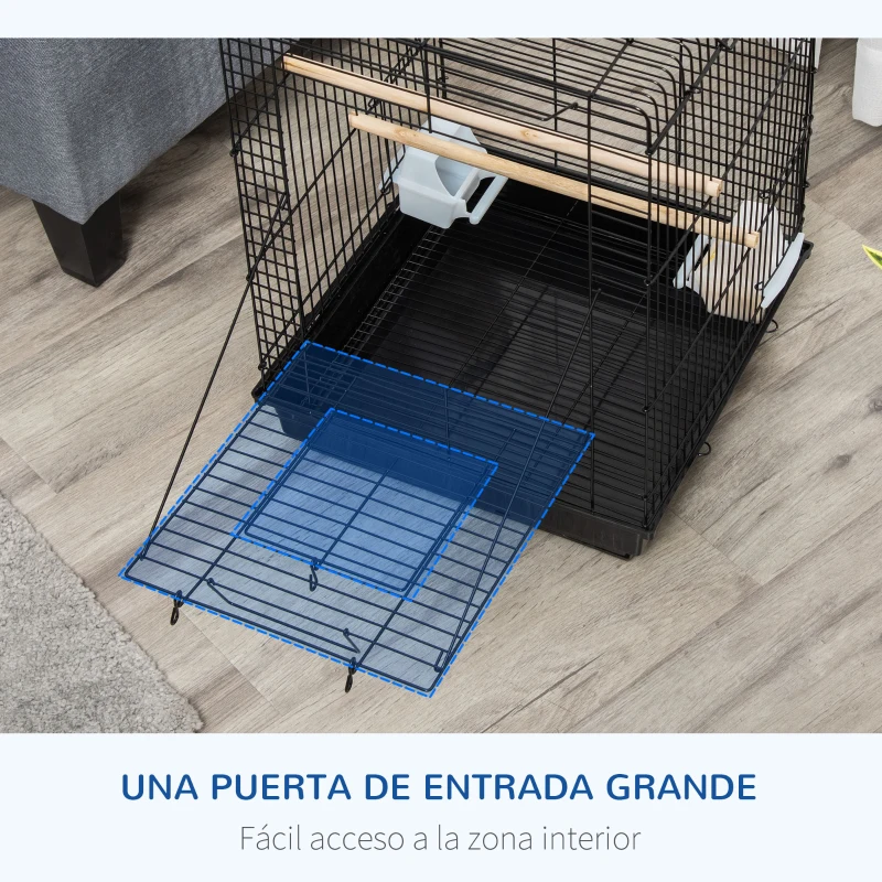 PawHut Jaula para Pájaros Jaula de Aves 40x40x59 cm con Techo Abatible 2 Perchas 2 Comederos y Bandeja Extraíble Negro