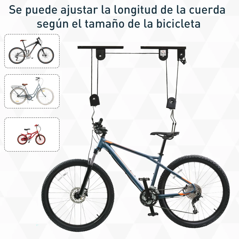 HOMCOM 2 Pares de Elevador para Bicicletas en el Techo Mediante Poleas Cuerdas Ganchos con Altura Ajustable Soporte para Bici al Techo Carga 20 kg Acero Negro