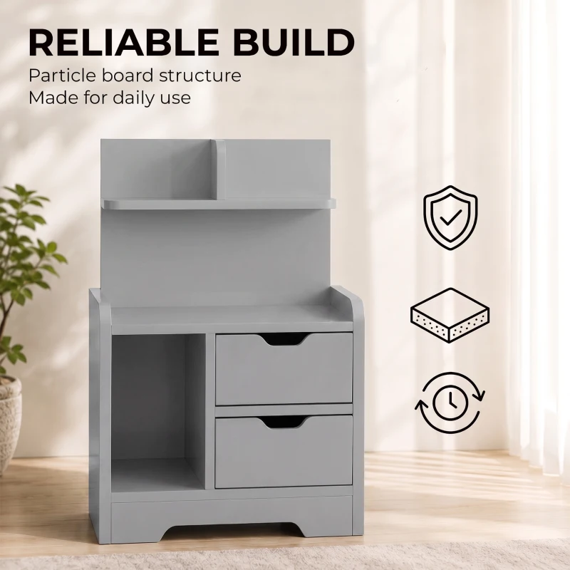 HOMCOM Bedside Table, Small Bedside Cabinet with 2 Drawers and Storage Shelves, Modern Nightstand for Bedroom, Grey