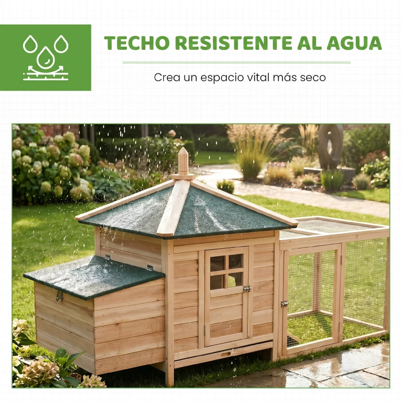 PawHut Gallinero de Madera Exterior, Jaula para Gallinas con Nidos, Corral, Bandeja Extraíble, Tapa Abatible, 196x76x97 cm, Natural