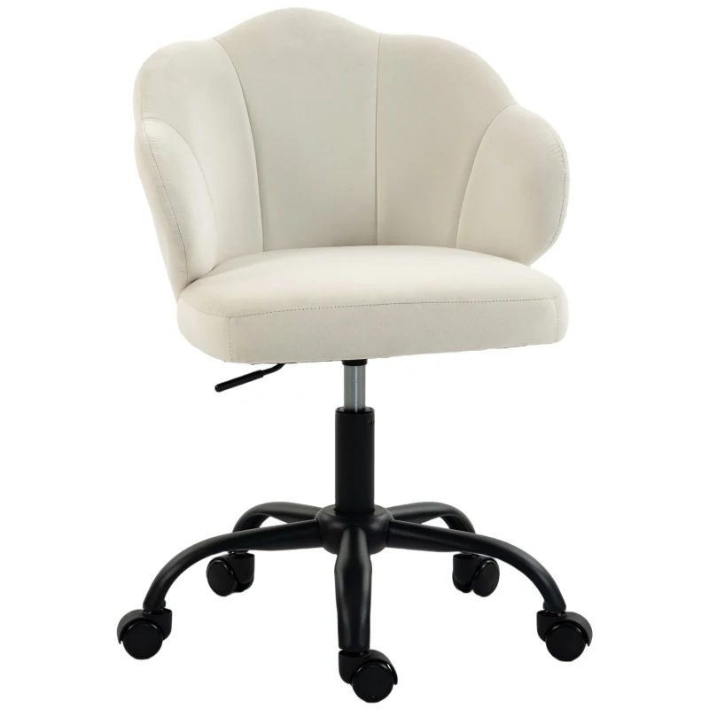 HOMCOM Chaise Bureau en Velours, Chaise Coiffeuse avec Dossier en Pétale, Hauteur Réglable, Fonction Bascule, Crème