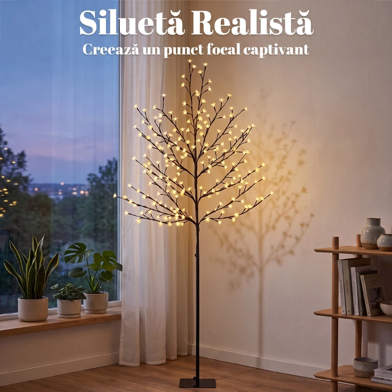 HOMCOM Copac de Crăciun tip cireș, 180 cm, cu LED-uri, 20 ramuri, timer zilnic, pentru interior și exterior acoperit, negru