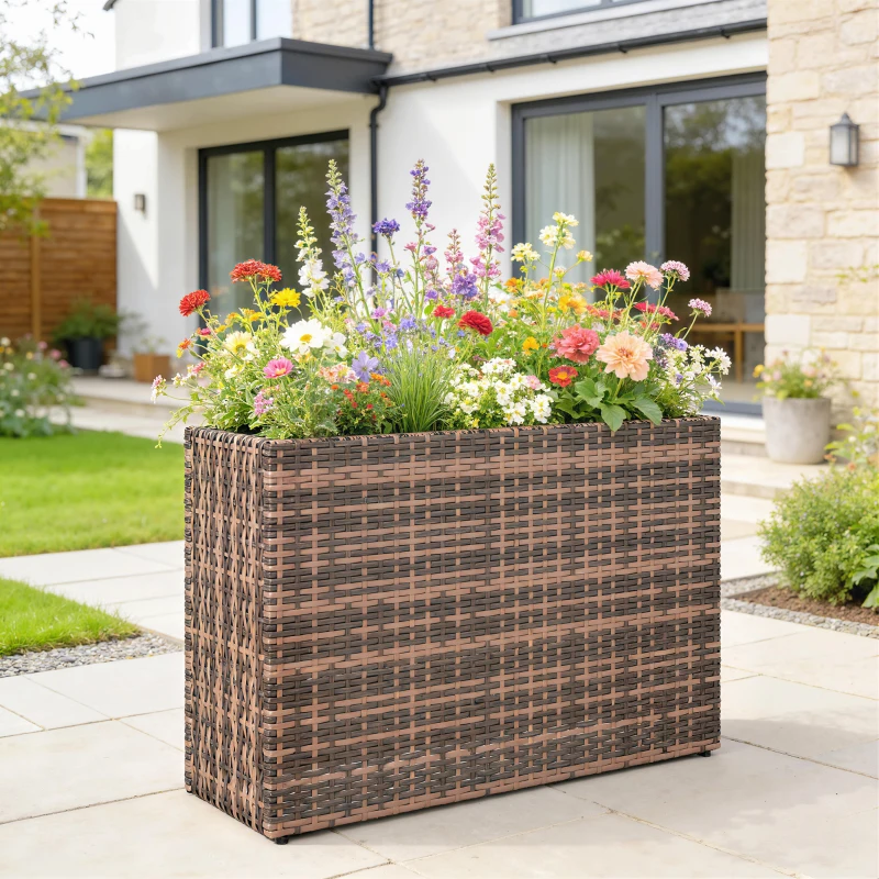 Outsunny Hochbeet mit verstellbaren Füßen, Rattan Blumenkasten mit herausnehmbarem Einsatz für Terrasse und Balkon, Braun