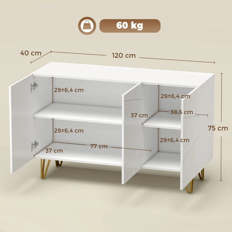 HOMCOM Aparador de Entrada con 3 Puertas y Estantes Ajustables para Cocina Sala 120x40x75 cm Blanco Brillante